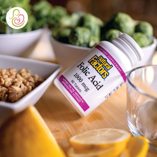Photo of Folic Acid supplement bottle surrounded by produce. Results from correlating mood board.