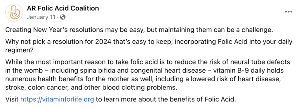 Screenshot image of AR Folic Acid Coalition Facebook Caption