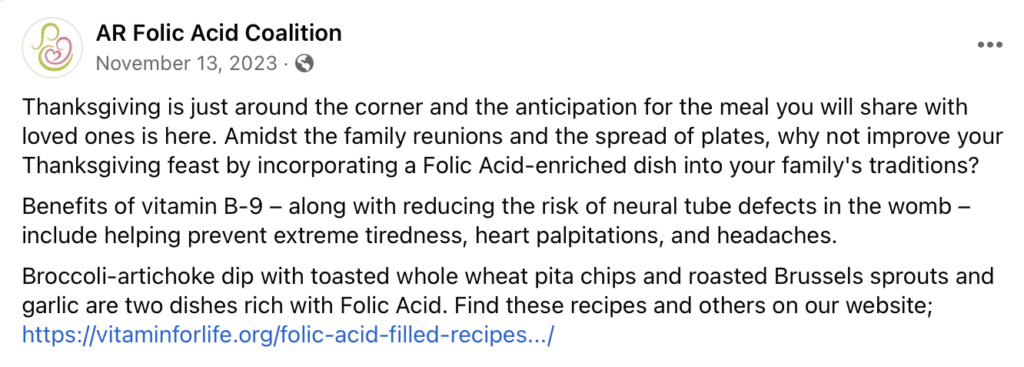 Screenshot image of AR Folic Acid Coalition Facebook Caption