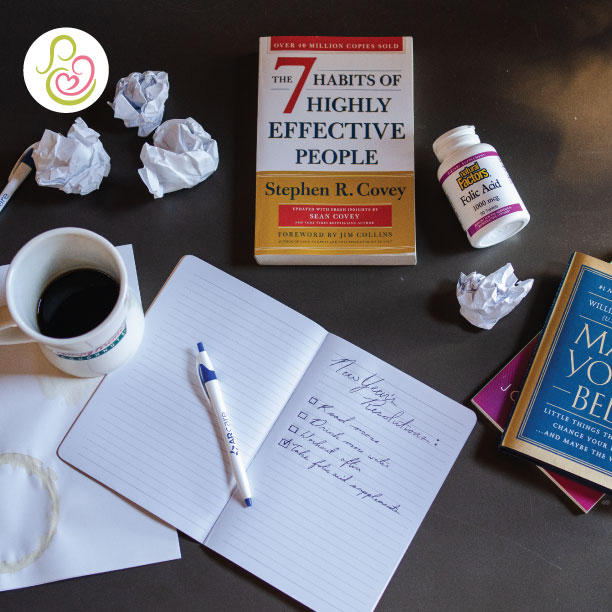 Photo of Folic Acid supplement bottle surrounded by office supplies. Results from correlating mood board.
